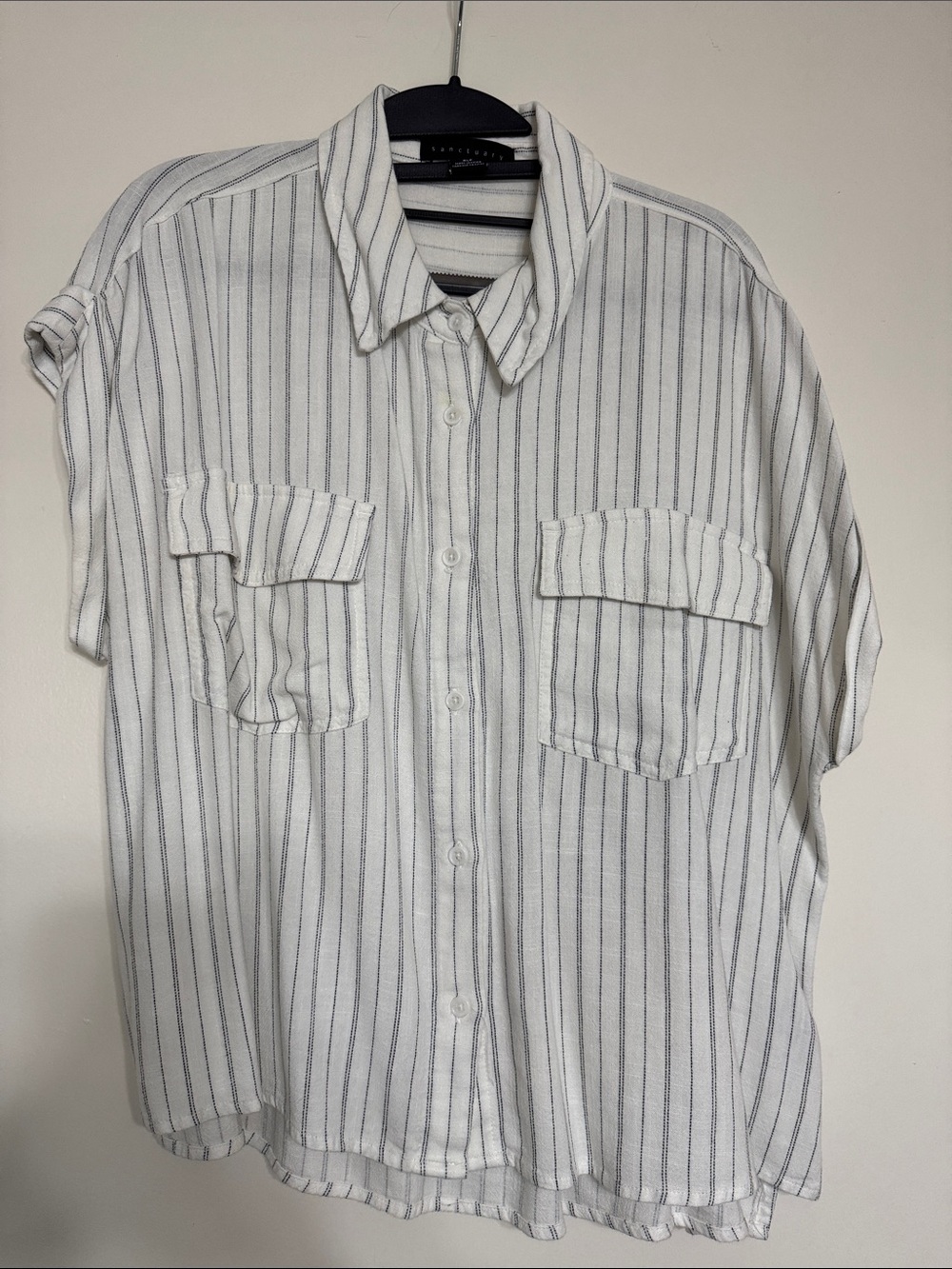 Sanctuary White Shirt with Gray Pinstripes - Relaxed Button-Up